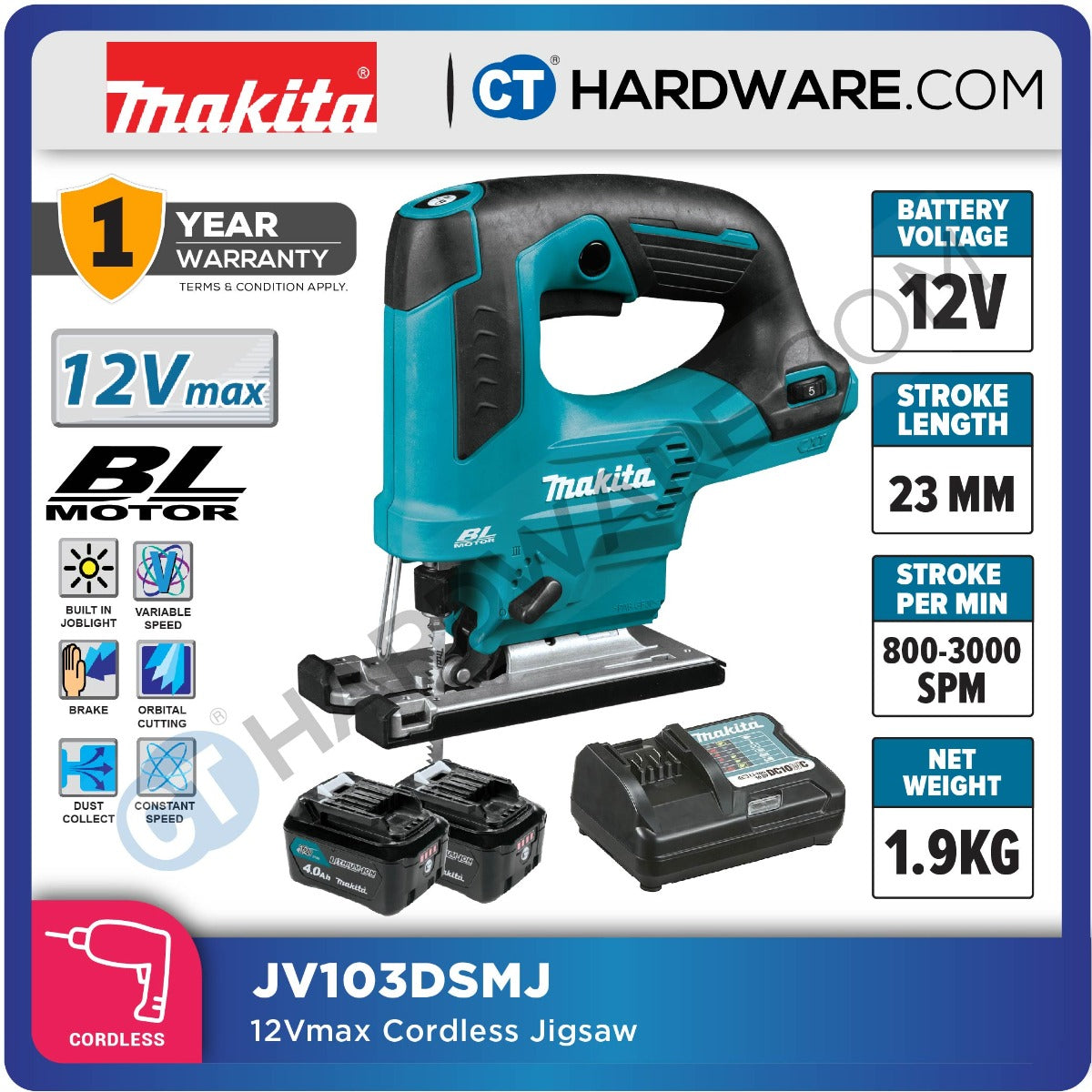 Makita JV103DSMJ CXT 12Vmax Cordless Jigsaw (Body Only) Incl. 2x 4.0Ah Battery, 1x Charger