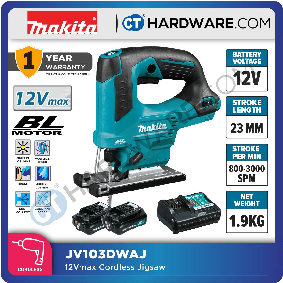 Makita JV103DWAJ CXT 12Vmax Cordless Jigsaw Incl. 2x 2.0Ah Battery, 1x Charger