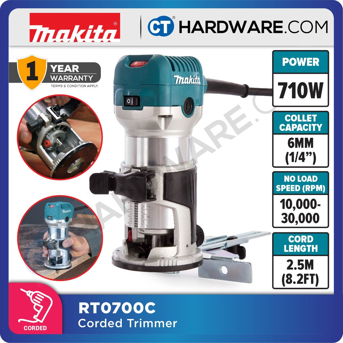 Makita RT0700C Trimmer 710W Includes 1/4" & 3/8" Collet