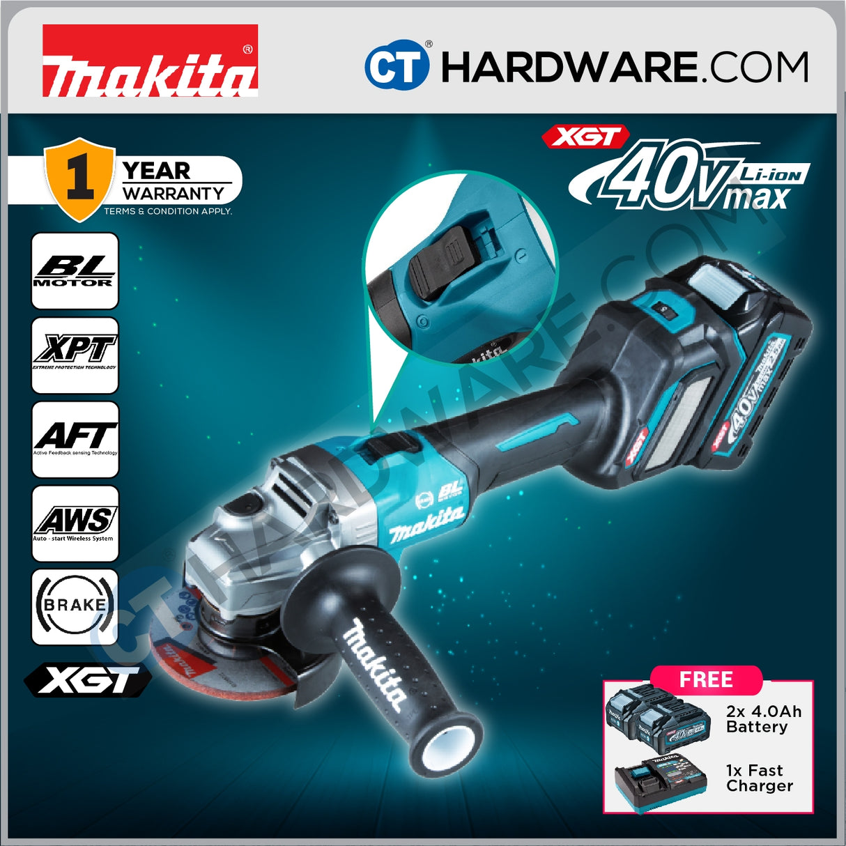 Makita GA021GM201 XGT 40Vmax Cordless Brushless Angle Grinder 4" 100mm Incl. 2x 4.0Ah Battery, 1x Charger