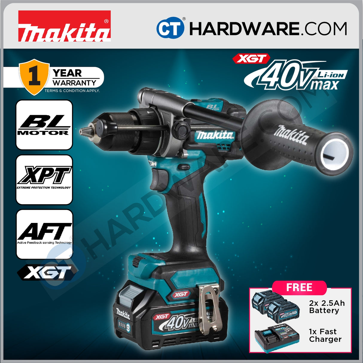 Makita HP001GD201 XGT 40Vmax Cordless Brushless Hammer Driver Drill 13mm 125NM Incl. 2x 2.5Ah Battery, 1x Charger