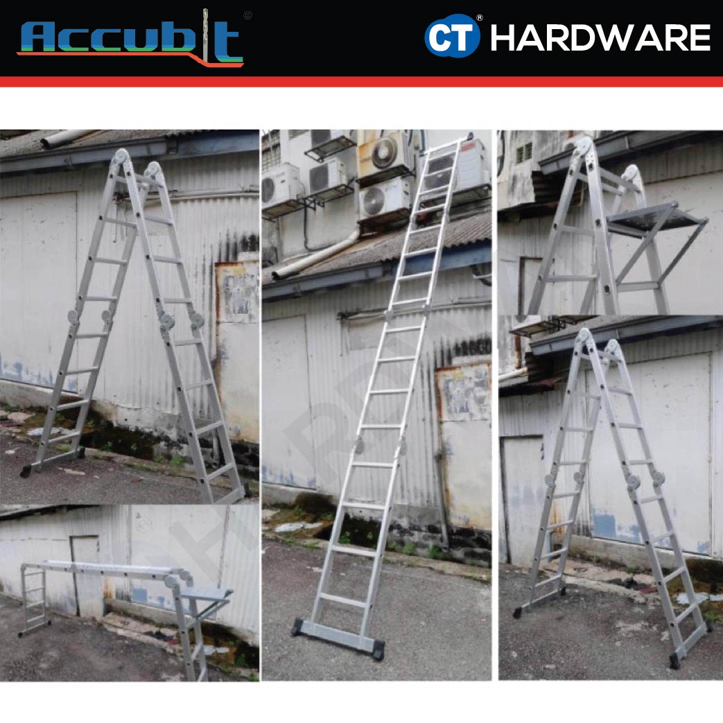 ACCUBIT MFCLB404 ALUMINIUM MULTI PURPOSE LADDER COME WITH STAGGING BOARD & PLATFORM 16 STEPS (MAX 150KG)