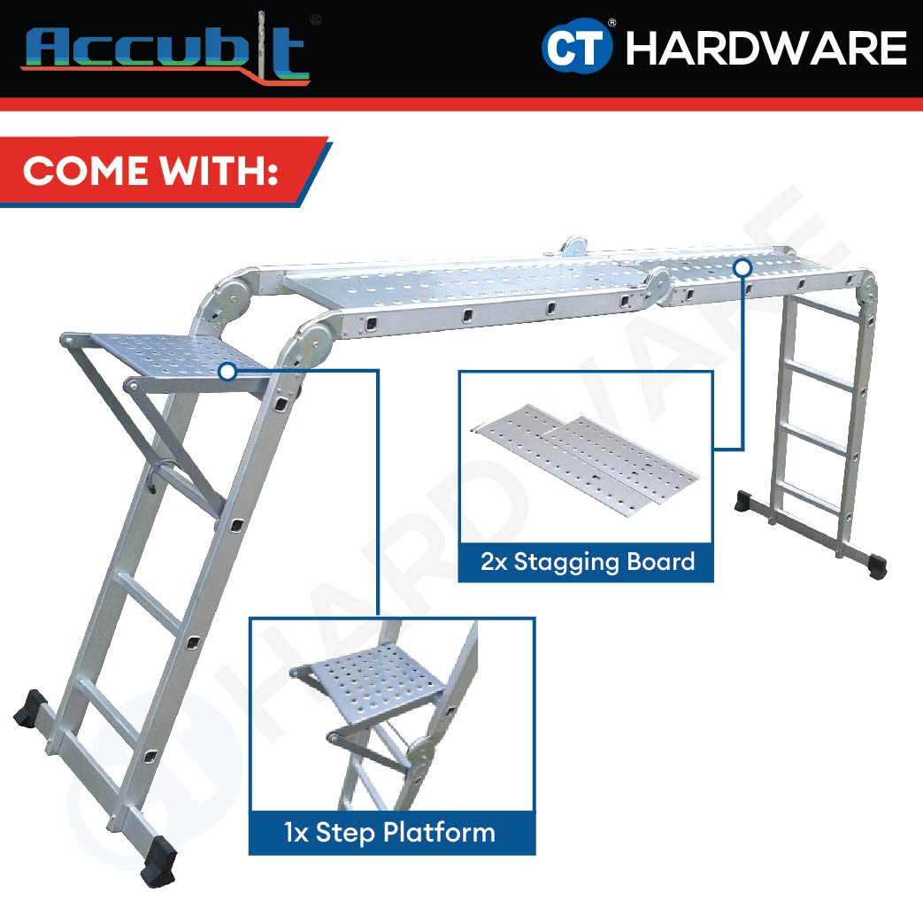 ACCUBIT MFCLB404 ALUMINIUM MULTI PURPOSE LADDER COME WITH STAGGING BOARD & PLATFORM 16 STEPS (MAX 150KG)