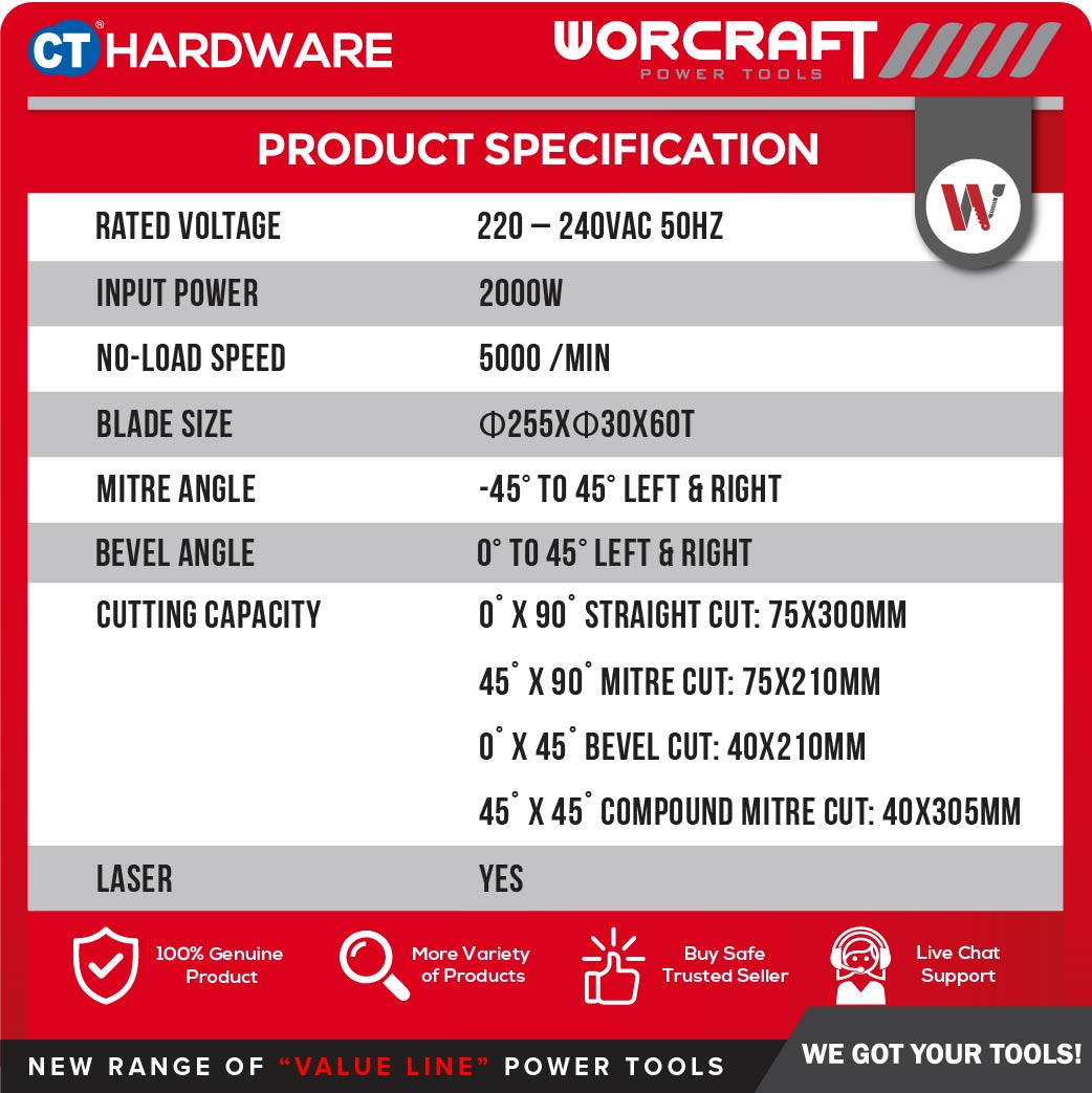 WORCRAFT MST20-255A SLIDING MITRE SAW 10" | 2000W (MST20255A)