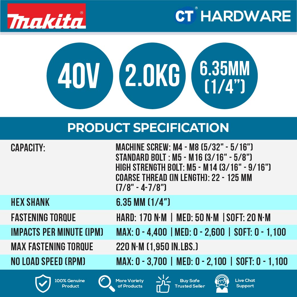 Makita TD003GZ/ GA201 XGT 40Vmax Cordless Brushless Impact Driver 1/4" 210NM (Body Only | 2-Battery)