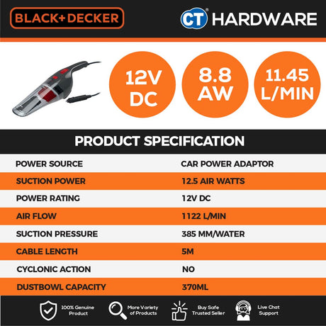 BLACK+DECKER NV1210AV Handheld Dustbuster Car Vacuum 12V C/W Accessories Kit 370ml