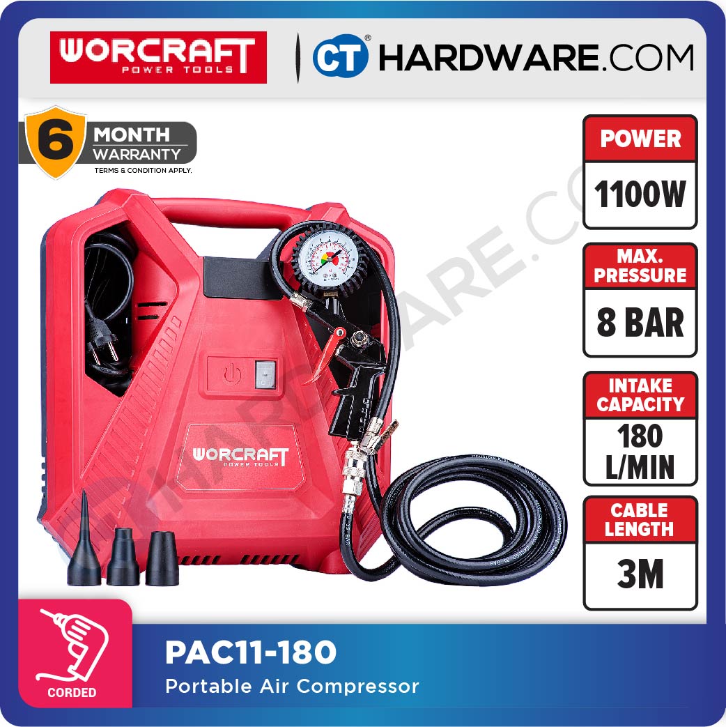WORCRAFT PAC11-180 OILESS PORTABLE AIR COMPRESSOR 1.5HP | 180L/MIN | 8BAR | 3550RPM (DIRECT COUPLER) (PAC11180)