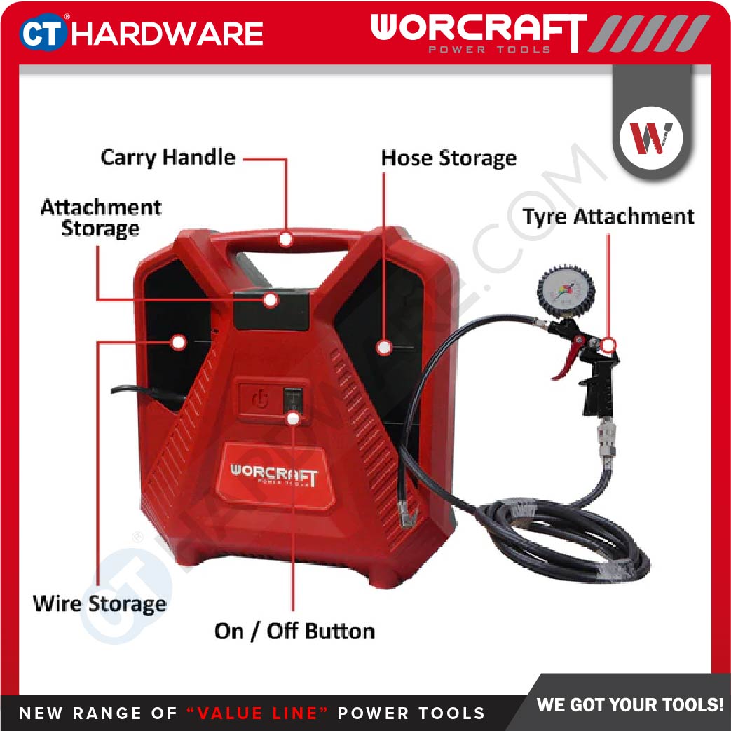 WORCRAFT PAC11-180 OILESS PORTABLE AIR COMPRESSOR 1.5HP | 180L/MIN | 8BAR | 3550RPM (DIRECT COUPLER) (PAC11180)