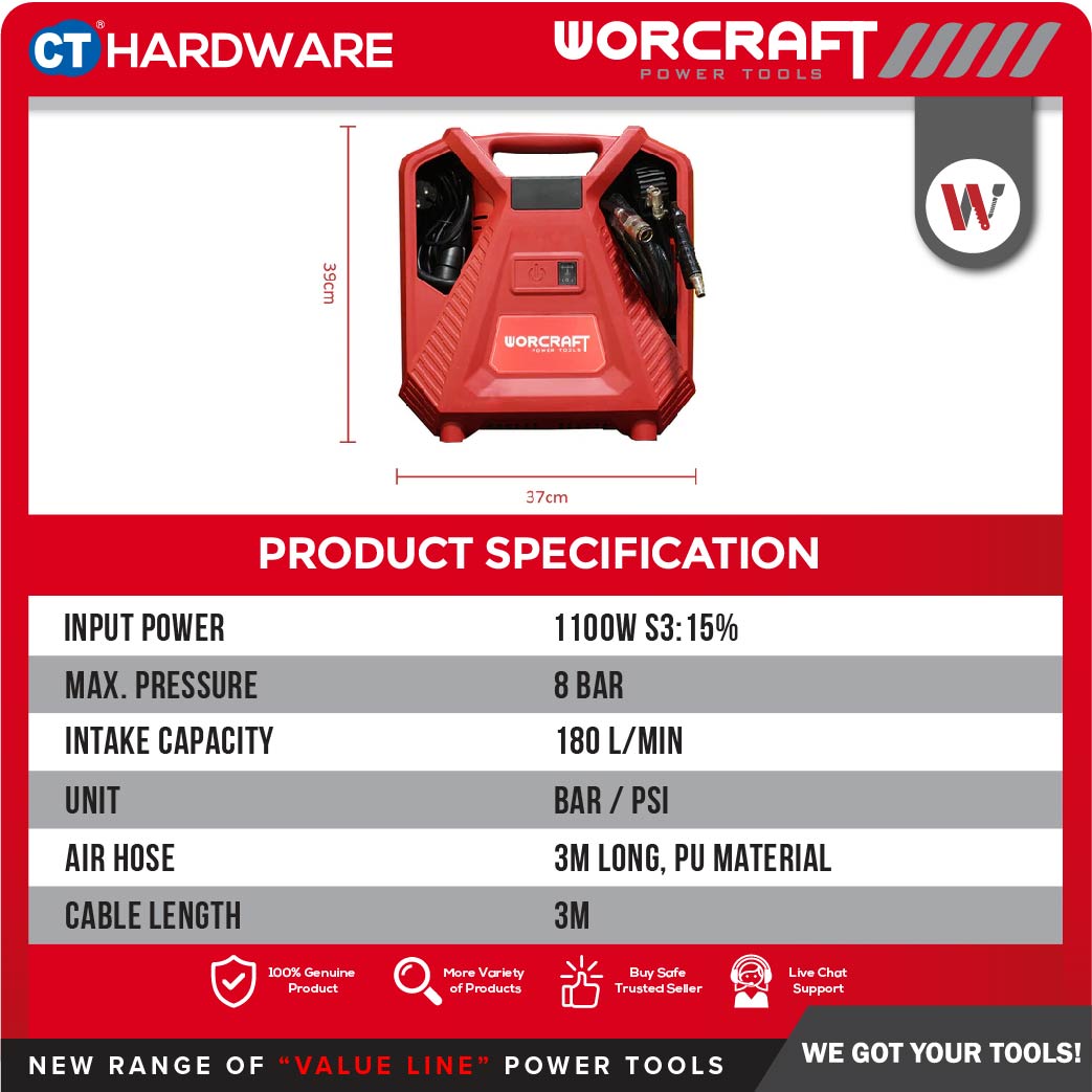 WORCRAFT PAC11-180 OILESS PORTABLE AIR COMPRESSOR 1.5HP | 180L/MIN | 8BAR | 3550RPM (DIRECT COUPLER) (PAC11180)