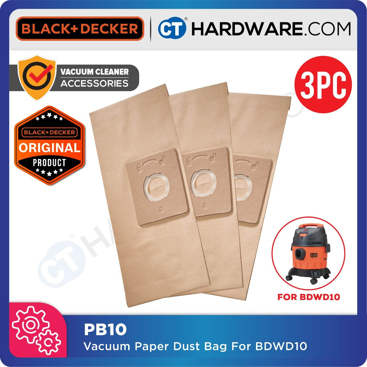 BLACK+DECKER PB10-B1 Paper Dust Bag 10l 3pcs For BDWD10 Vacuum Cleaner