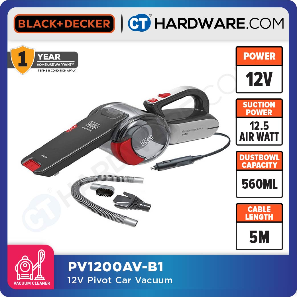 BLACK+DECKER PV1200AV PIVOT AUTO CAR VACUUM CLEANER ( CYCLONE ) 12V 1060L/MIN 440ML DUSTBOWL CABLE 5 METER