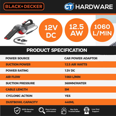 BLACK+DECKER PV1200AV PIVOT AUTO CAR VACUUM CLEANER ( CYCLONE ) 12V 1060L/MIN 440ML DUSTBOWL CABLE 5 METER