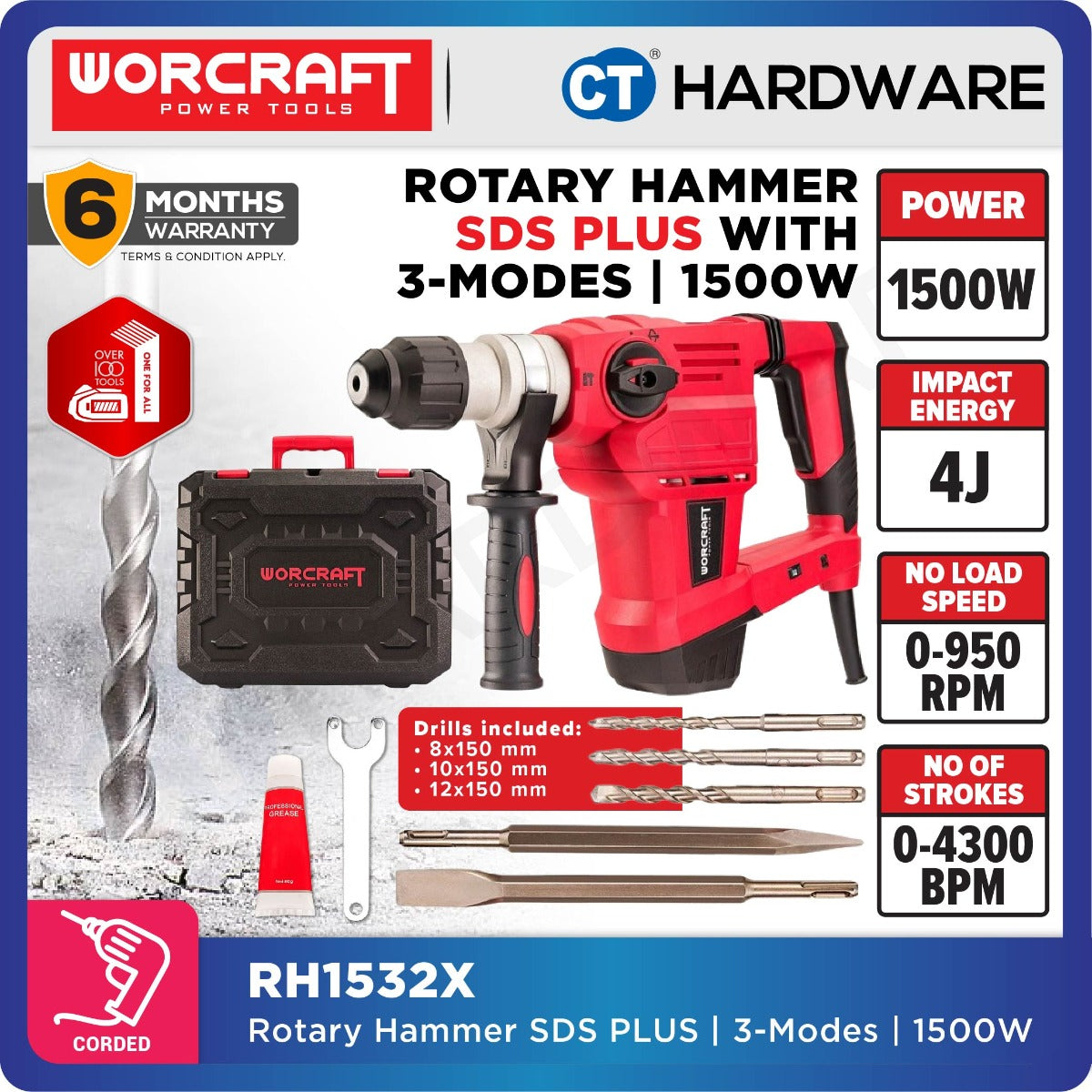 Worcraft RH15-32X Rotary Hammer SDS Plus 1500W 3-Mode