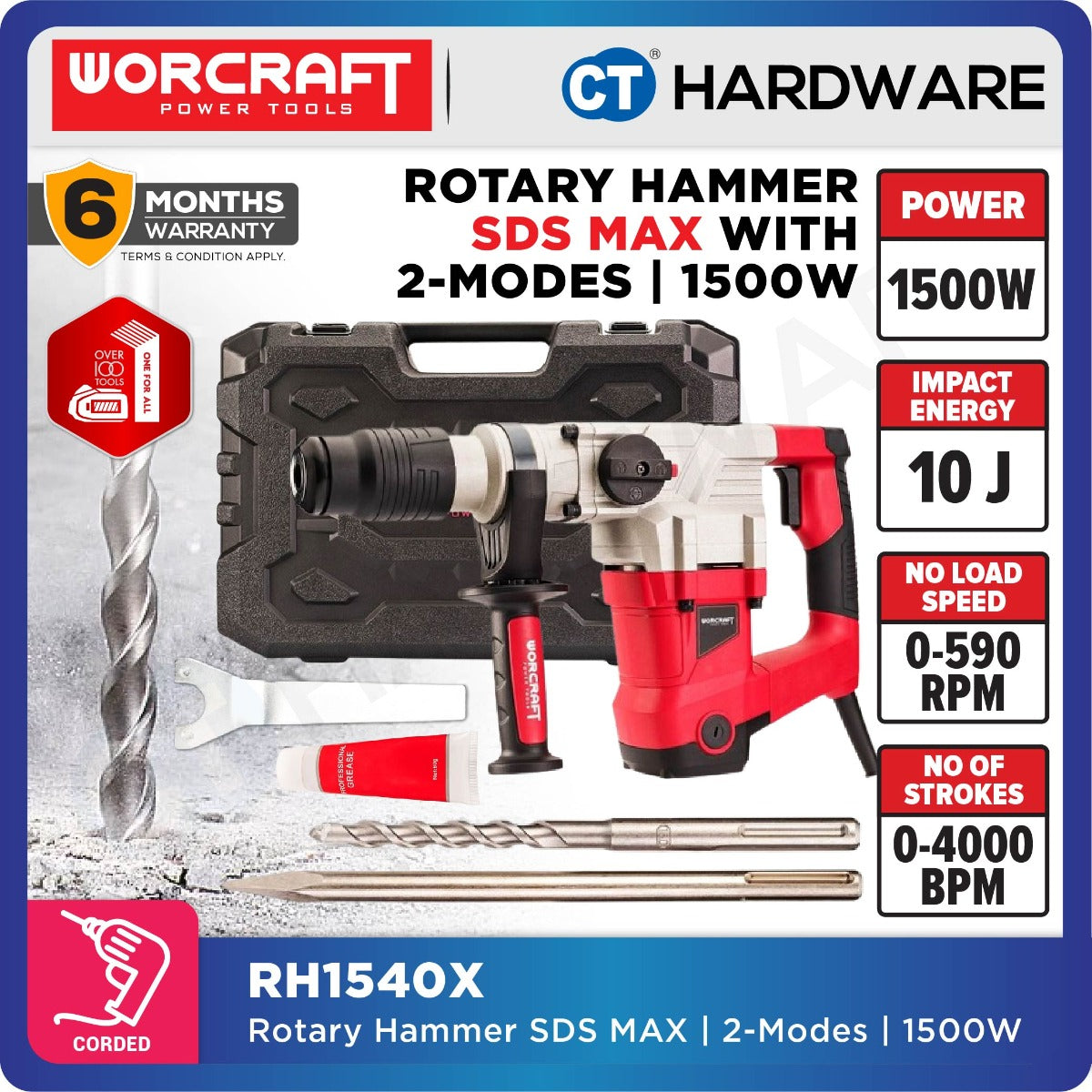 Worcraft RH15-40X Rotary Hammer SDS Max 1500W 2-Mode