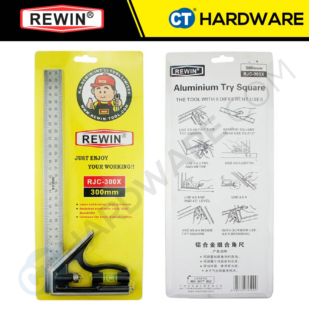 Rewin RJC300X Try Square with Spirit Level 300mm Aluminium & Stainless Steel