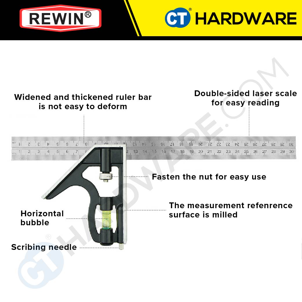 Rewin RJC300X Try Square with Spirit Level 300mm Aluminium & Stainless Steel