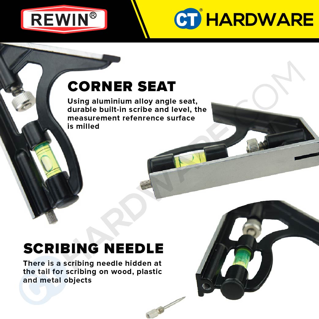 Rewin RJC300X Try Square with Spirit Level 300mm Aluminium & Stainless Steel