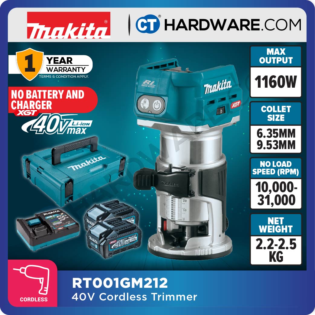 Makita RT001GM212/ GZ23/ GZ24 XGT 40Vmax Cordless Brushless Trimmer 1/4" & 3/8" Collets (Body Only | 2-Battery)