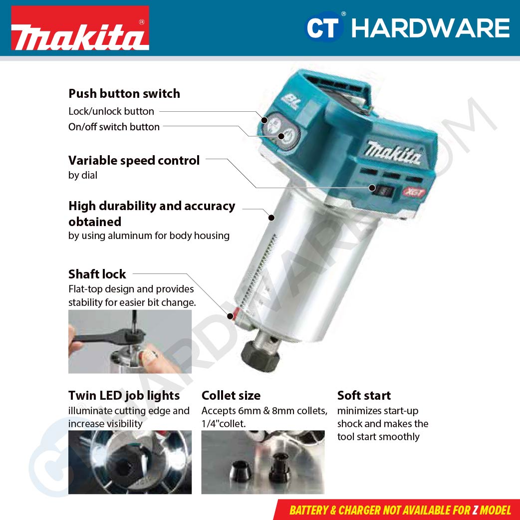 Makita RT001GM212/ GZ23/ GZ24 XGT 40Vmax Cordless Brushless Trimmer 1/4" & 3/8" Collets (Body Only | 2-Battery)
