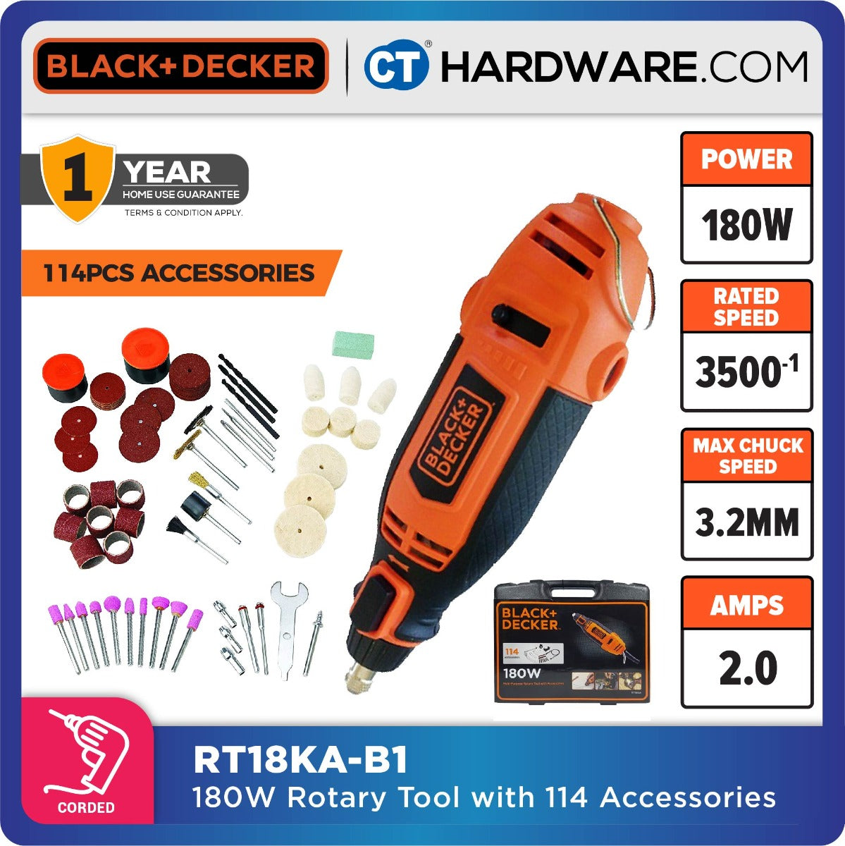 BLACK+DECKER RT18KA MULTI-FUNCTION ROTARY TOOLS COME WITH 114 ACCESSORIES