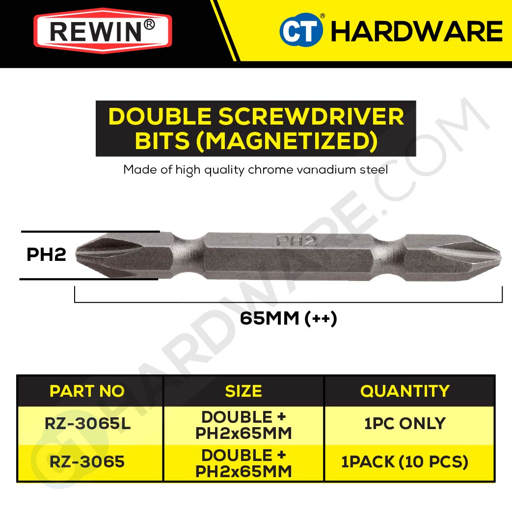 REWIN RZ3065B PHILLIPS SCREWDRIVER BITS PH2 X 65MM X 6.35MM ( X 10PC ) + + CRV SERIES