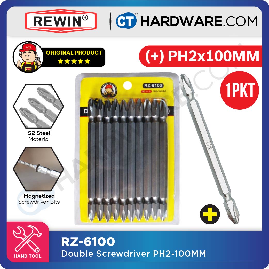 Rewin RZ6100 Double Ended Screwdriver Bits PH2 x 100mm x 6.35mm S2 (10pcs)