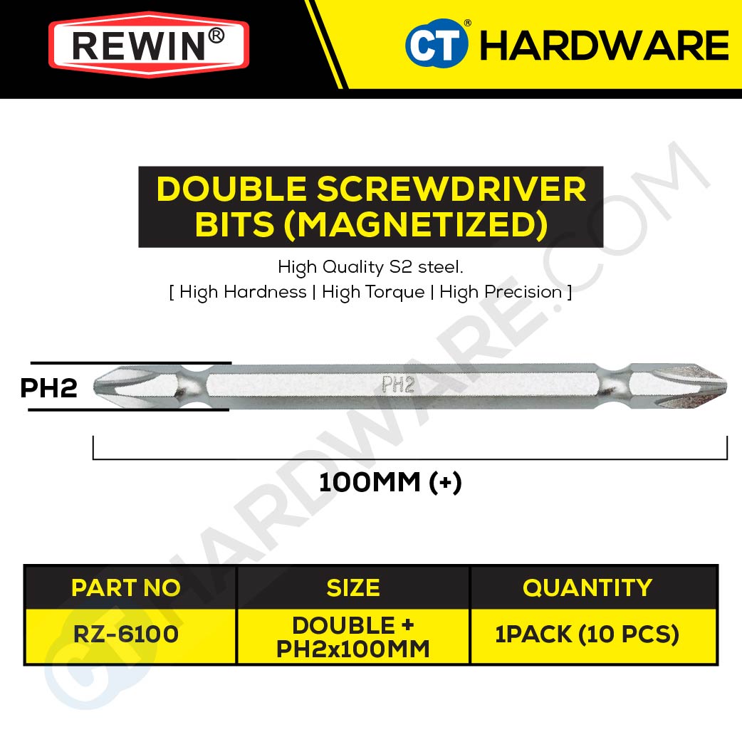 Rewin RZ6100 Double Ended Screwdriver Bits PH2 x 100mm x 6.35mm S2 (10pcs)