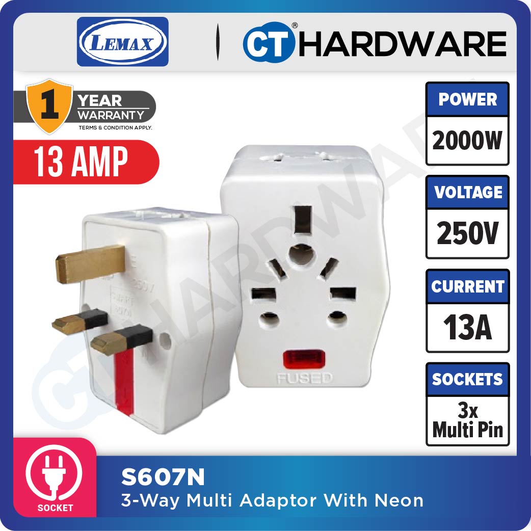 LMX S607N 3-WAY MULTI ADAPTOR WITH NEON 13AMP - 1PC