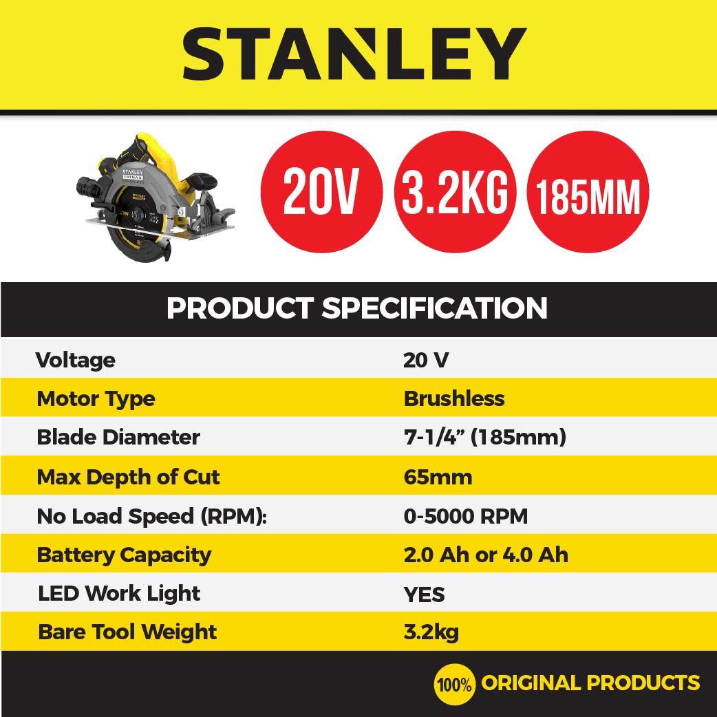 Stanley SBC550 Brushless Circular Saw 20V 185mm with Kit Options