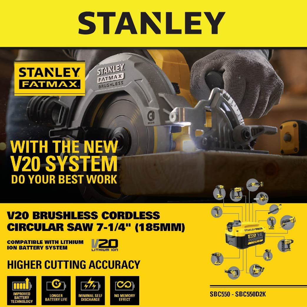 Stanley SBC550 Brushless Circular Saw 20V 185mm with Kit Options