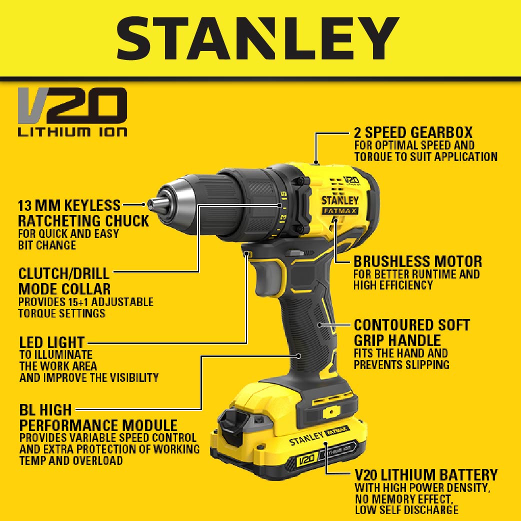 Stanley SBD714D2T Cordless Brushless Drill Driver 20V c/w 2x Battery & Charger