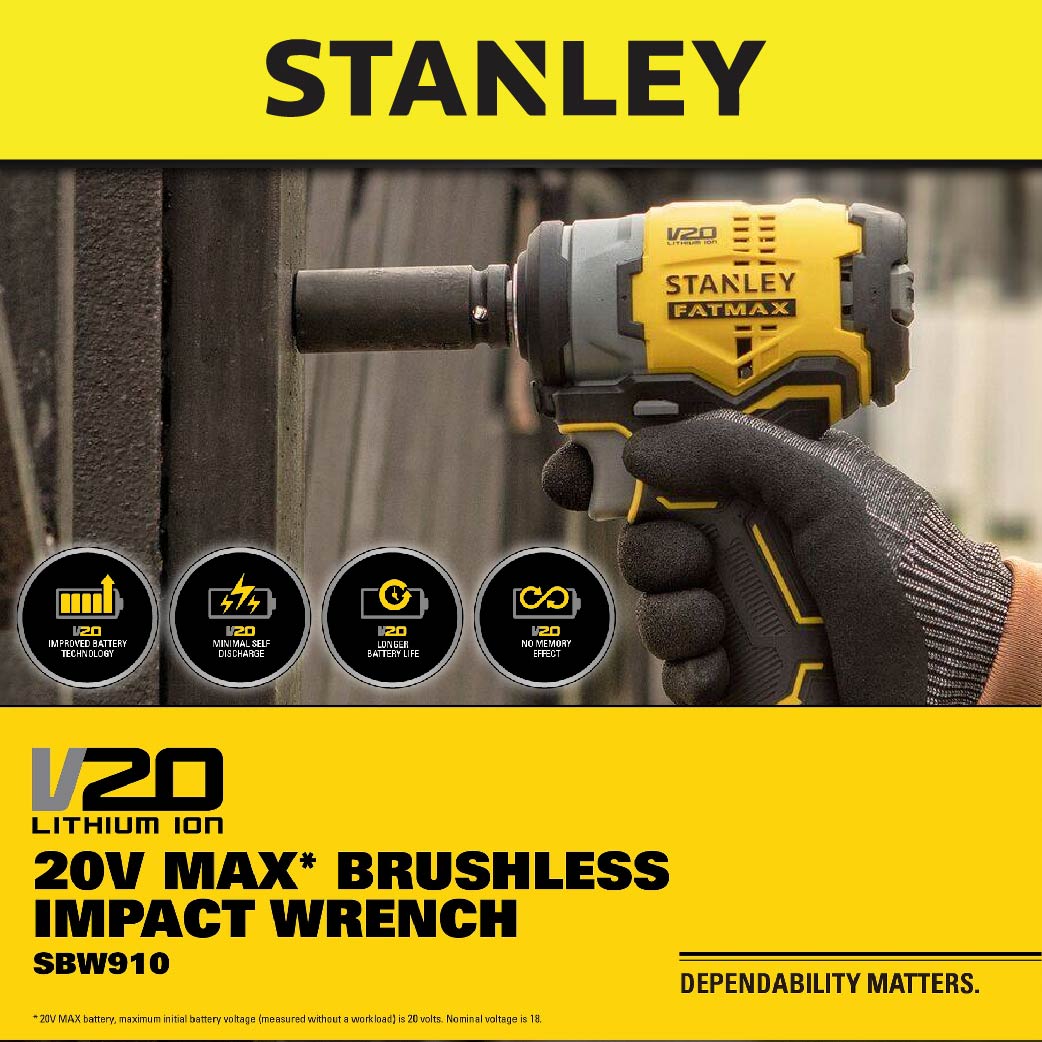 STANLEY SBW910M1K CORDLESS BRUSHLESS IMPACT WRENCH 20V 3100IPM 370NM COME WITH 4.0AH BATTERY & CHARGER (SBW910M1K-B1)