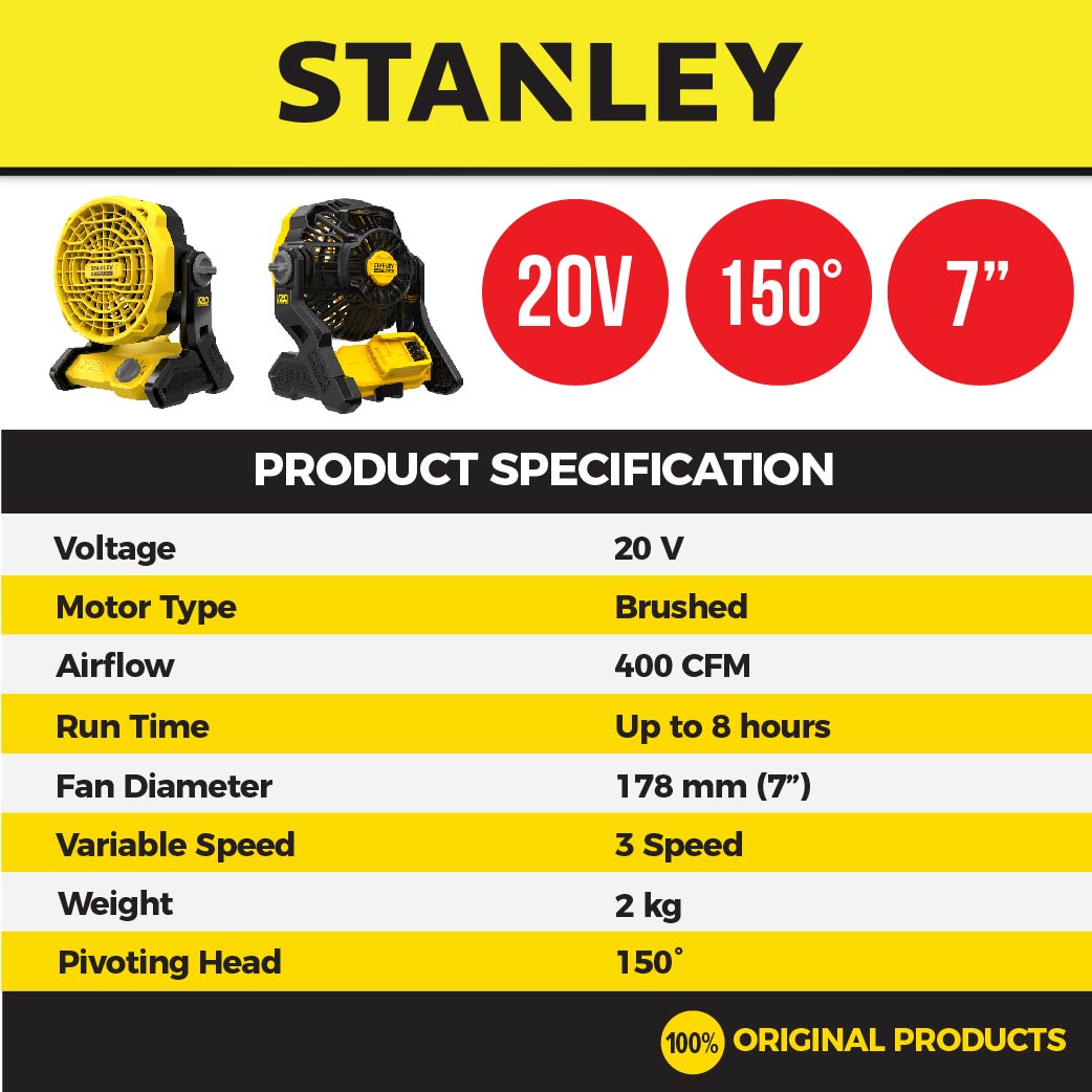 Stanley SCF001 Jobsite Fan 20V 400cfm 178mm with Kit Options