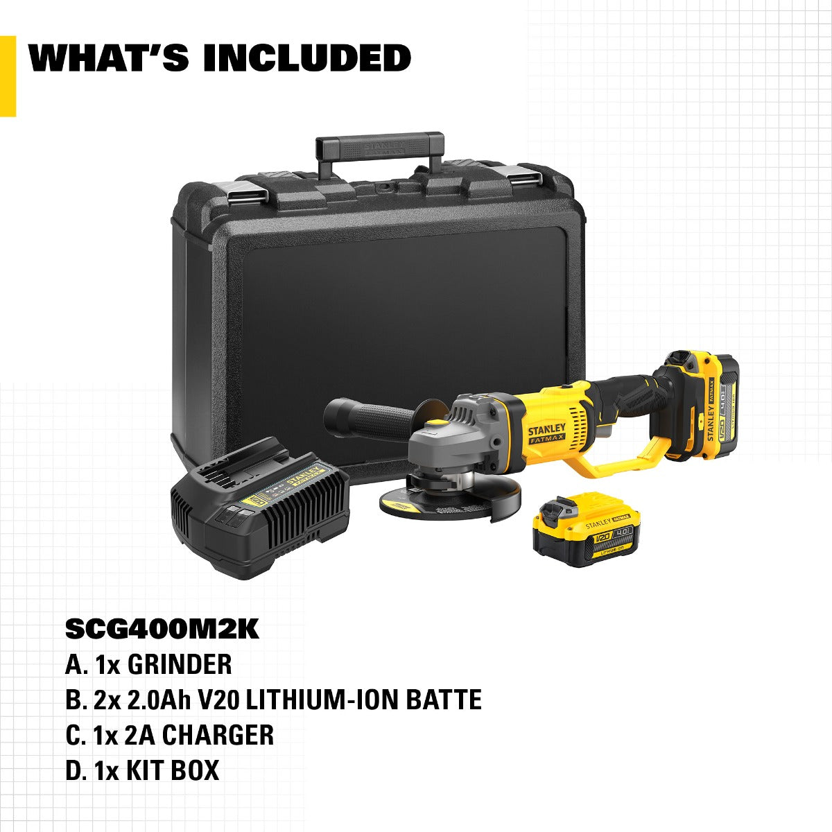 Stanley SCG400 Small Angle Grinder 20V 100/125mm with Kit Options