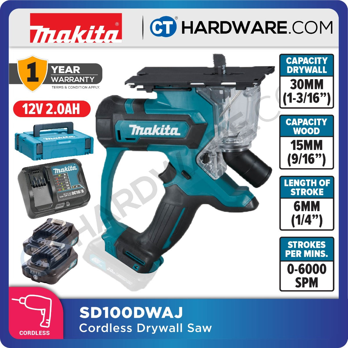 Makita SD100DWAJ CXT 12Vmax Cordless Drywall Saw Incl. 2x 2.0Ah Battery, 1x Charger