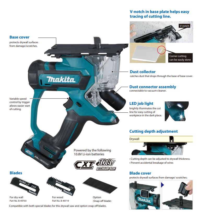 Makita SD100DWAJ CXT 12Vmax Cordless Drywall Saw Incl. 2x 2.0Ah Battery, 1x Charger