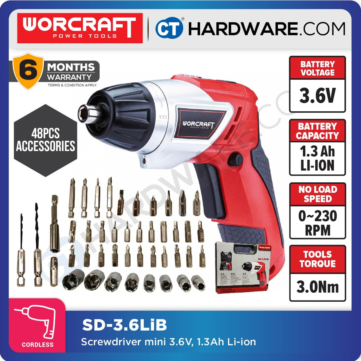 Worcraft SD-3.6LiB 3.6V Cordless Screwdriver 1.3Ah 200RPM with Accessory Set