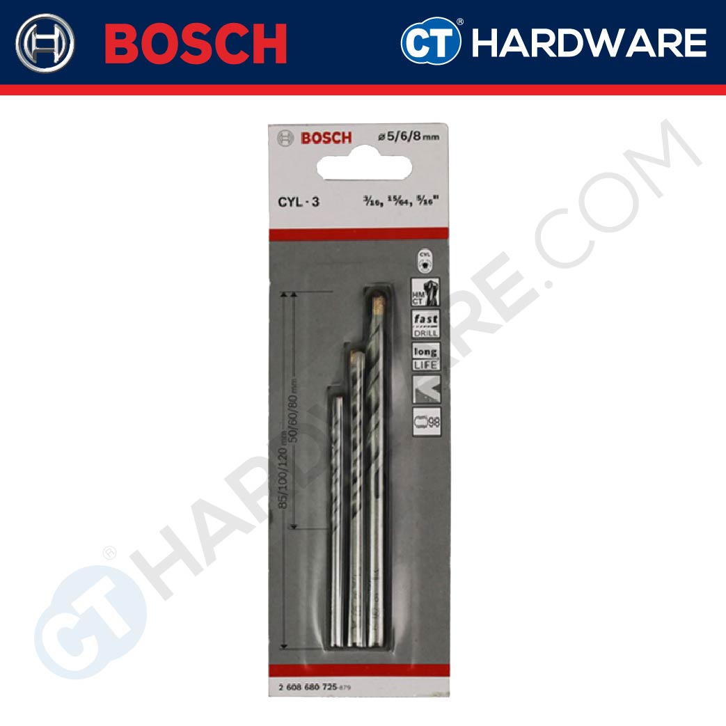 Bosch 2608680725 CYL-3 Silver Percussion Straight Shank Drill Bit Set 5mm 6mm 8mm