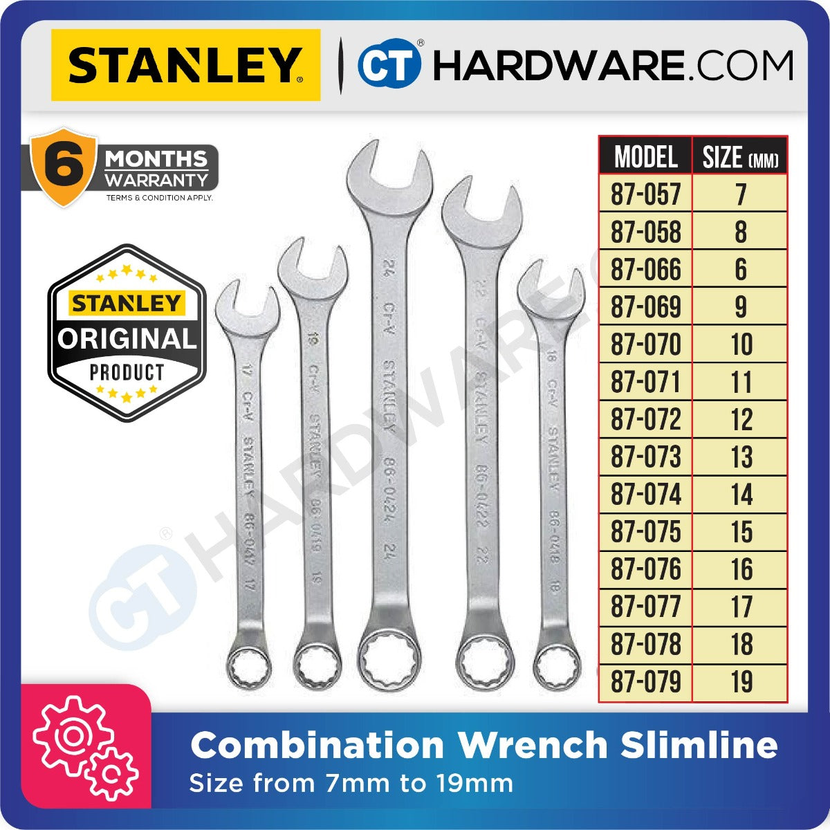 STANLEY COMBINATION WRENCH SLIMLINE, SIZE FROM 7MM TO 19MM