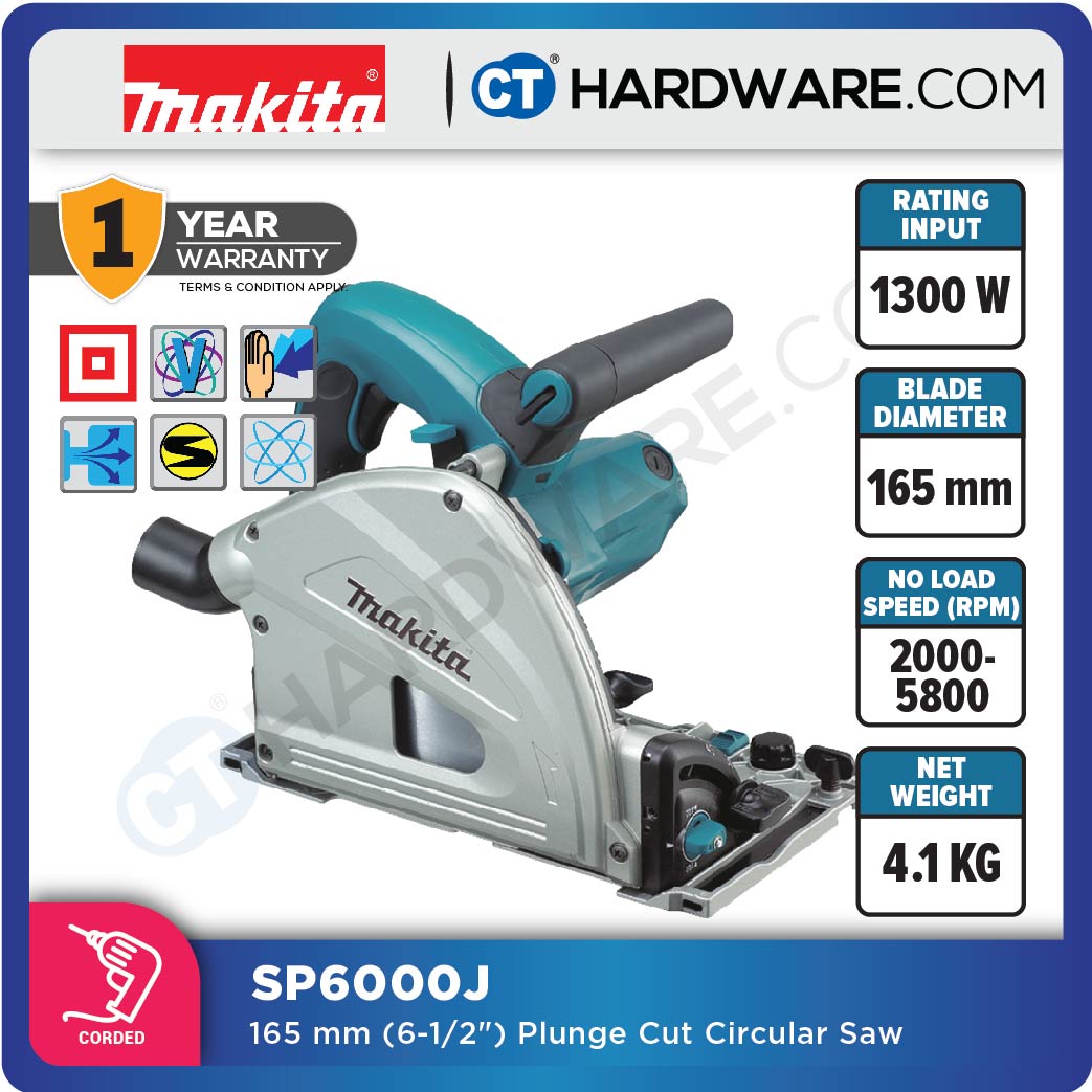 Makita SP6000J Plunge Cut Circular Saw 6-1/2" 165mm 1300W With Speed Control