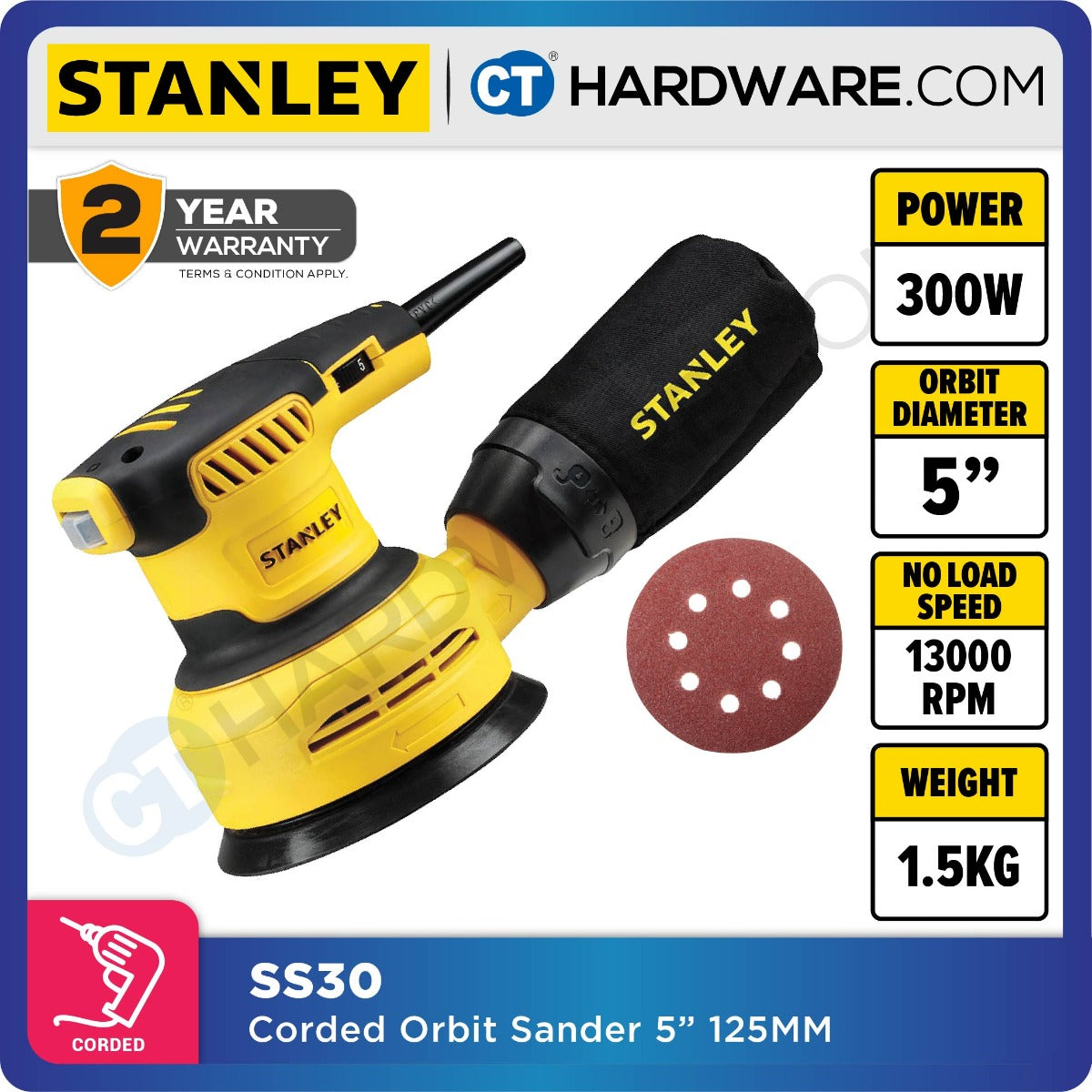 STANLEY SS30 RANDOM ORBITAL SANDER 5" 300W 4000-12000OPM