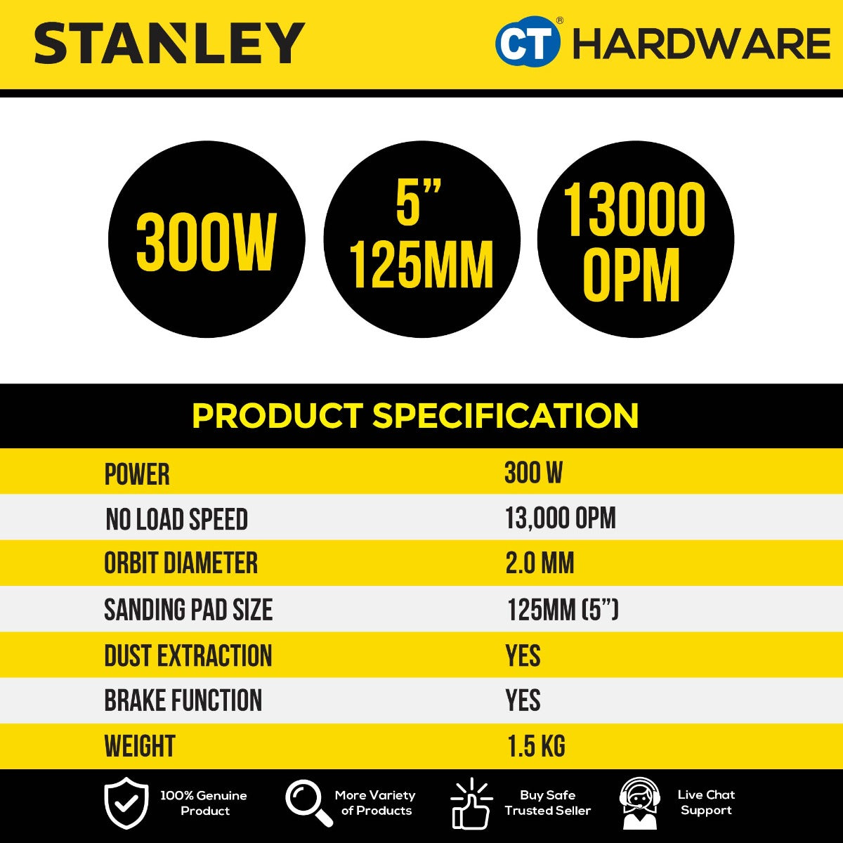 STANLEY SS30 RANDOM ORBITAL SANDER 5" 300W 4000-12000OPM