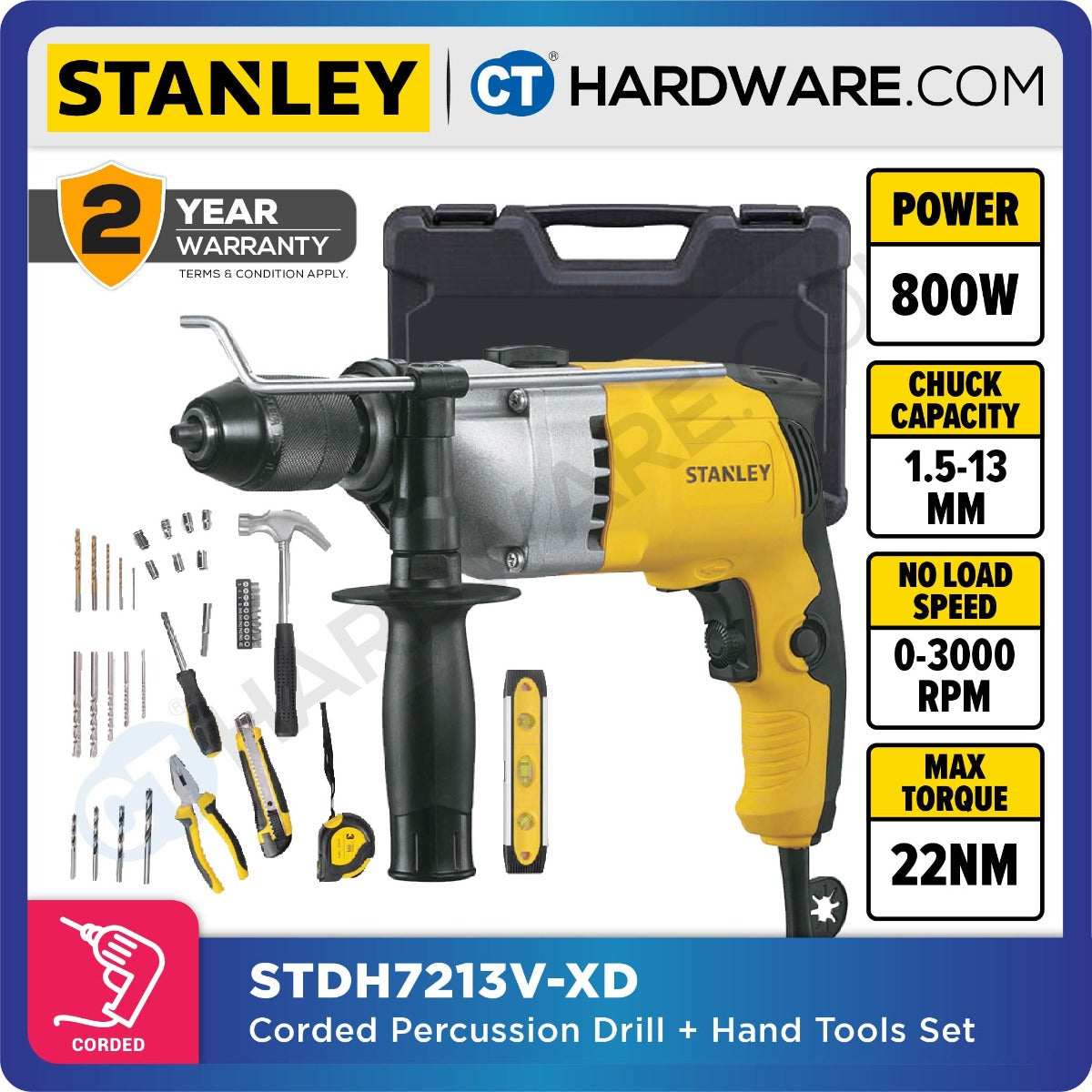 Stanley STDH7213V Percussion Drill 800W 13mm c/w Accessories