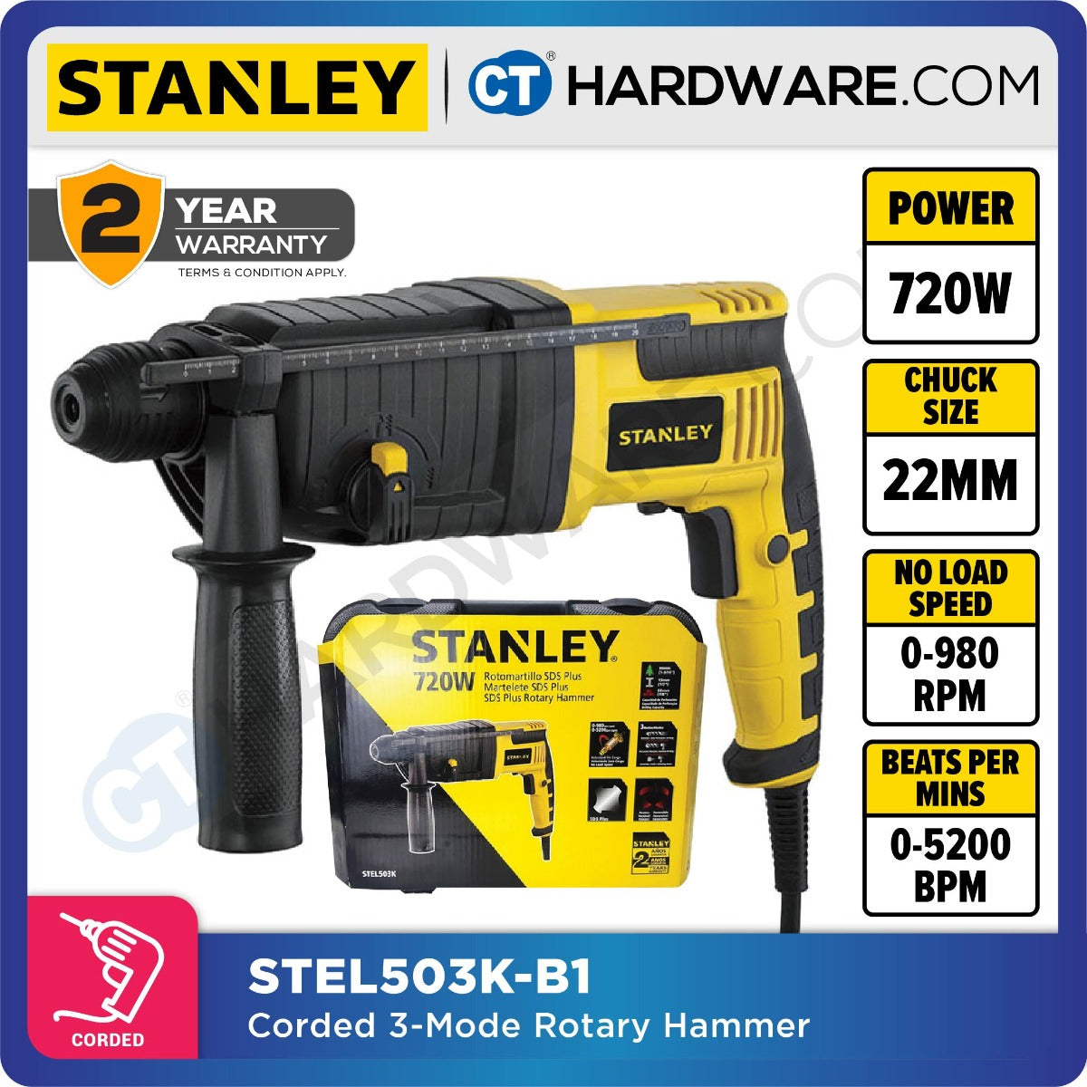 STANLEY STEL503K CORDED ROTARY HAMMER 22MM | 3-MODE | 720W