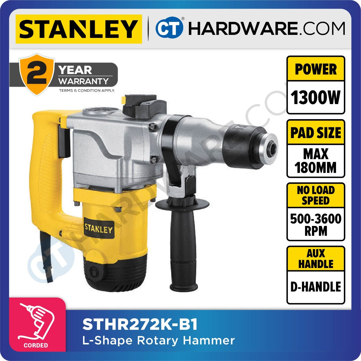 STANLEY STHR272K CORDED L-SHAPE SDS ROTARY PLUS HAMMER DRILL 26MM | 850W | 700RPM | 3400BPM
