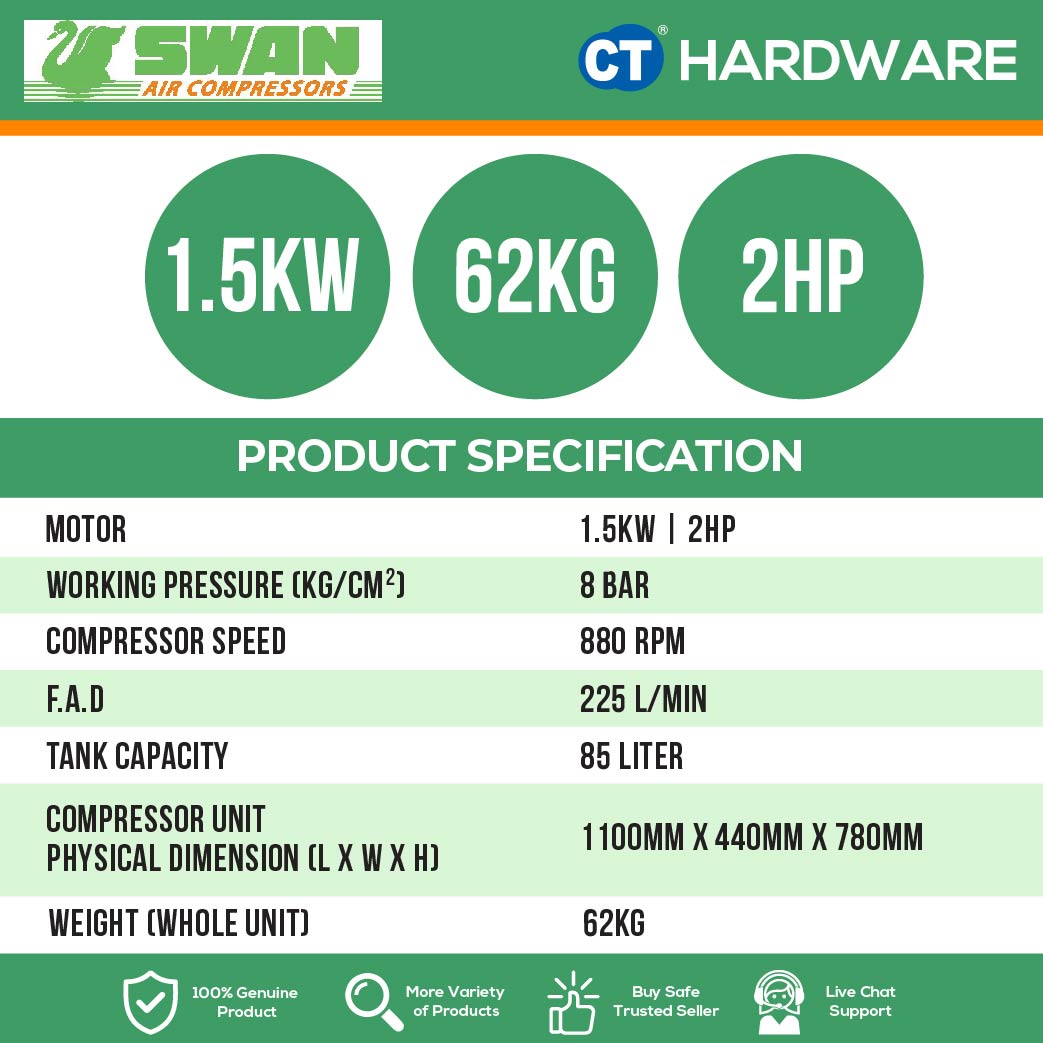 Swan SVP-202 Air Compressor 1.5kW 2HP 8BAR 85L Tank