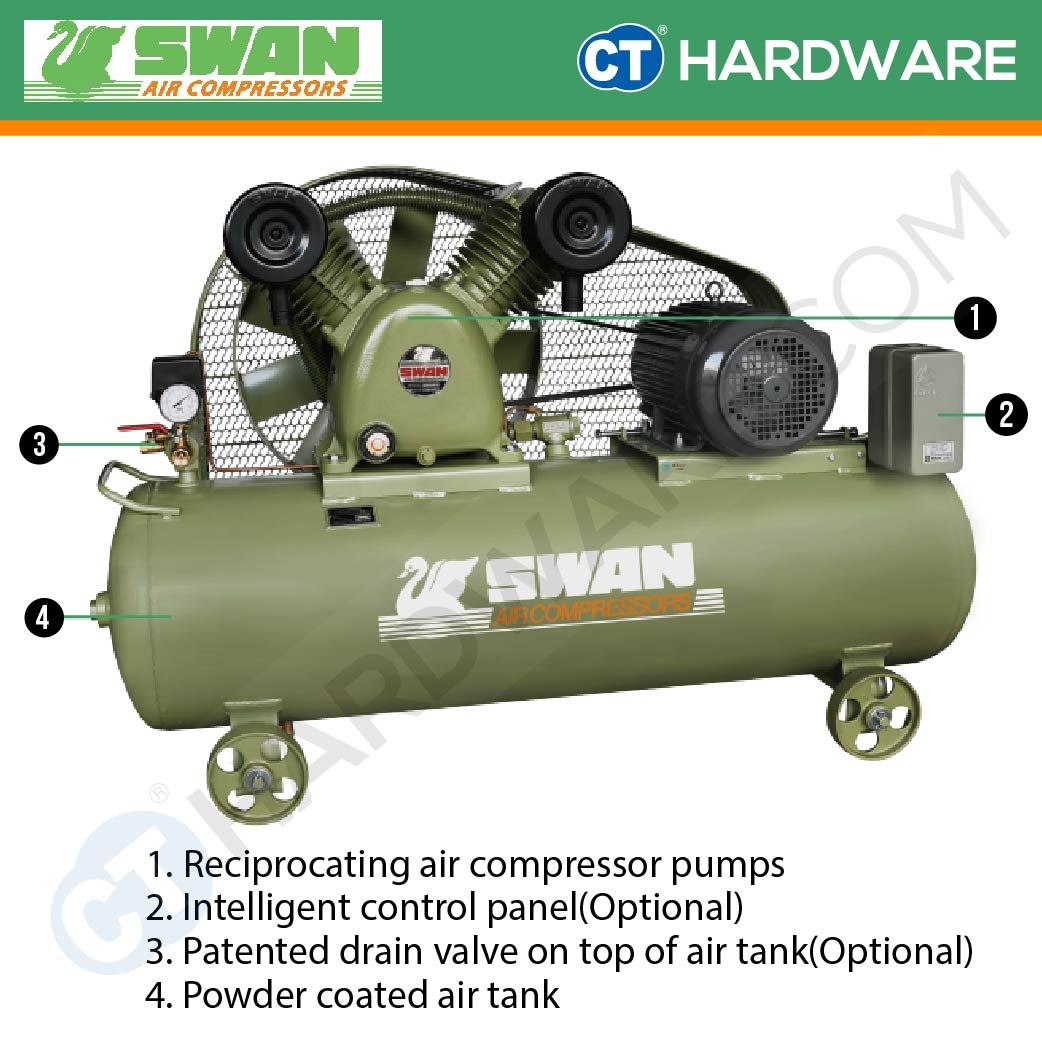 Swan SVP-202 Air Compressor 1.5kW 2HP 8BAR 85L Tank