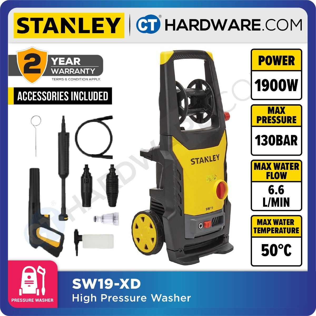 STANLEY SW19 HIGH PRESSURE CLEANER 1900W | 130BAR | 6.6L/MIN ( INDUCTION MOTOR )