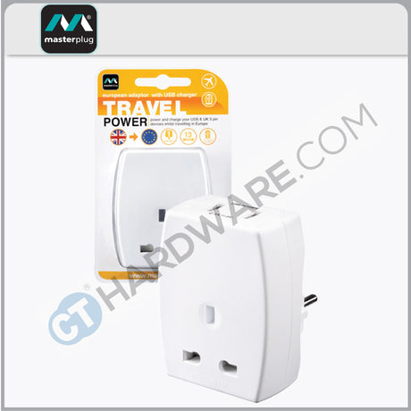 Masterplug TAUSBEUR2MP Travel Adaptor Europe with USB Charger 13A