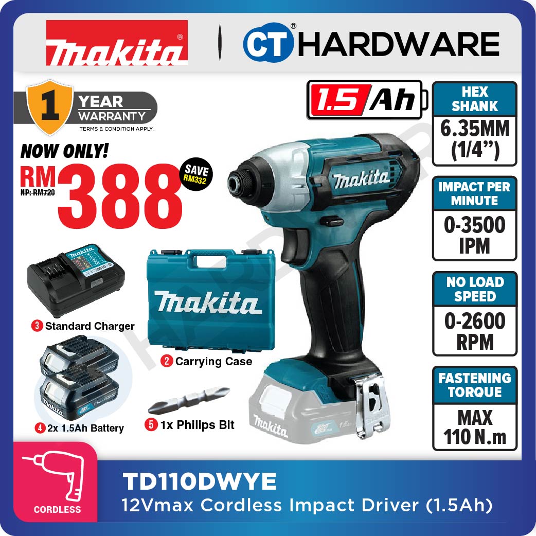Makita TD110DWYE CXT 12Vmax Cordless Impact Driver 1/4" 110NM Incl. 2x 1.5Ah Battery, 1x Charger